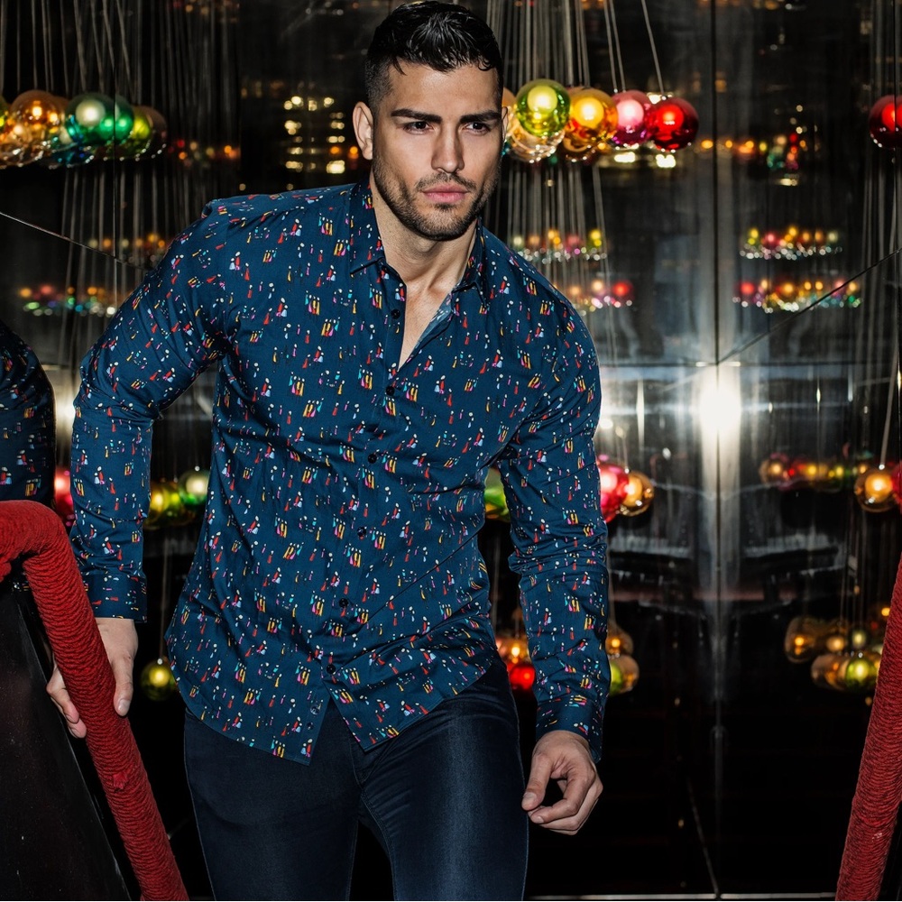 JARED LANG Printed Trim-Fit Button-Down Shirt M